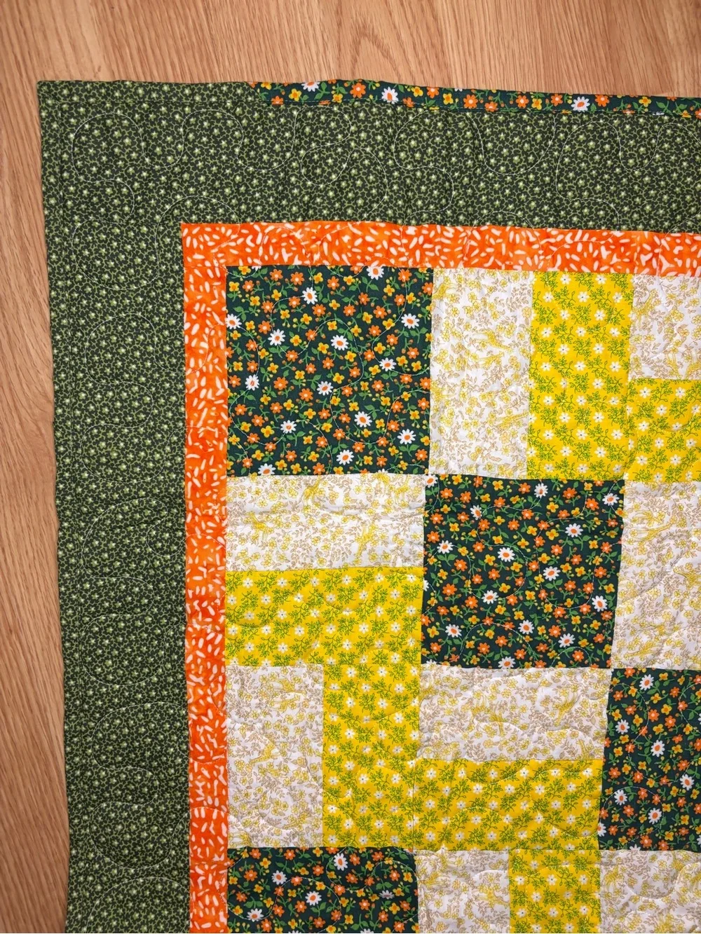 Handmade Yellow Green Patchwork Quilt Orange Floral Vines 36